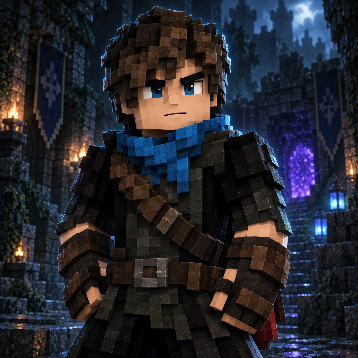 Cyzeras Minecraft veikėjas mėlynomis akimis, mėlynu šaliku ir tamsia apranga